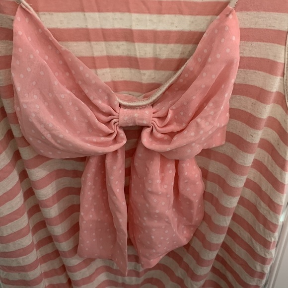 LIVING DOLL Pink Stripe Sleeveless Knit Top With Polka Dot Chiffon Bow Detail! - Picture 2 of 5